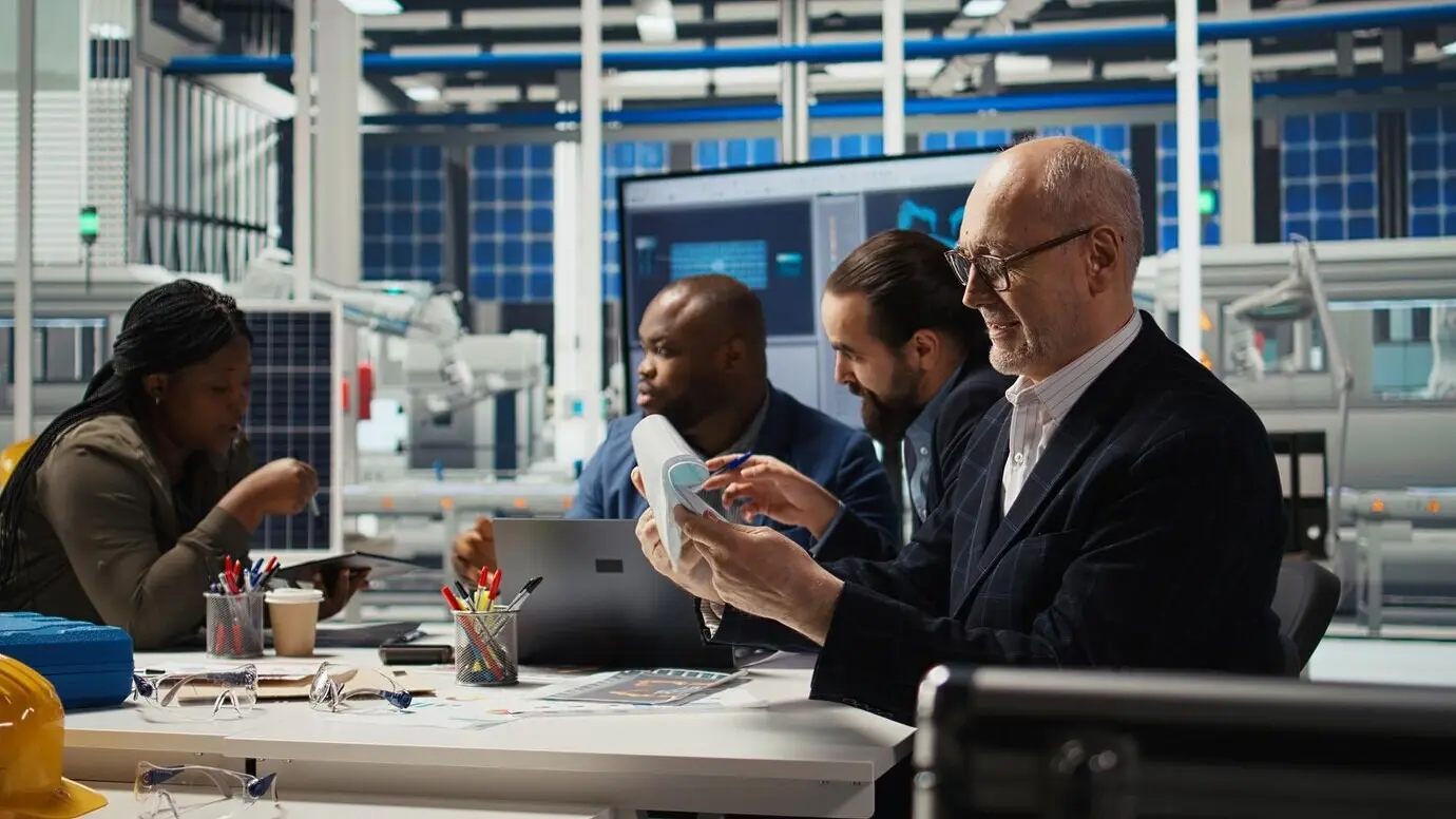 Команда отдела устойчивого развития готовит отчёты о выбросах завода по производству солнечных панелей.